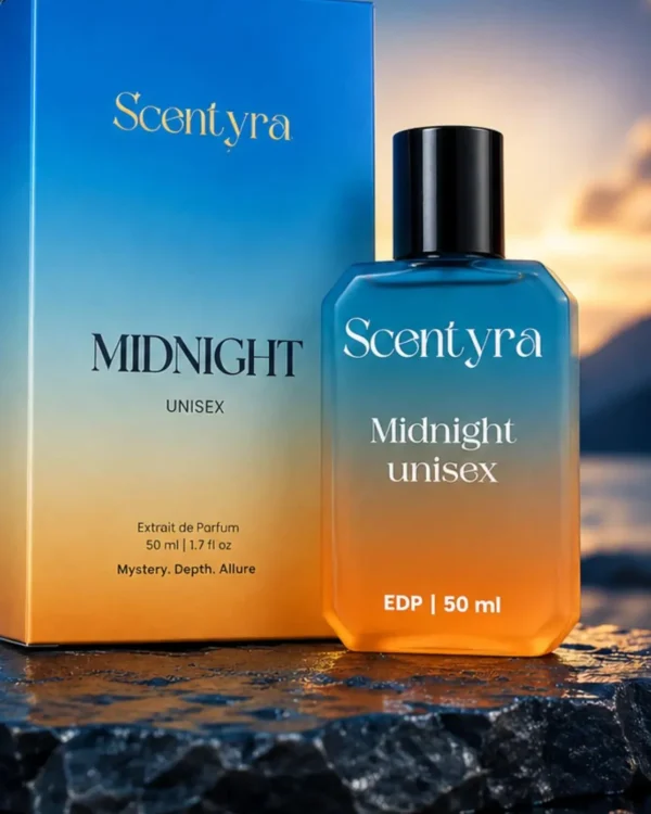 Scentyra Midnight unisex Eau de Parfum 50 ml with its blue and orange gift box